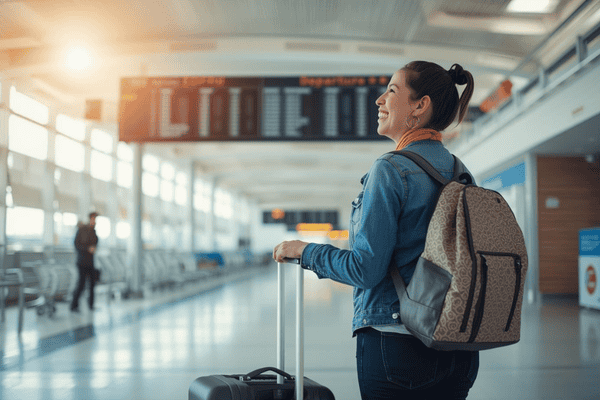 a happy traveler waiting for a trip at the airport