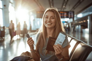 a happy traveler waiting for flight at the airport