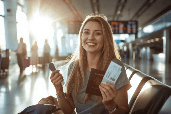a happy traveler waiting for flight at the airport