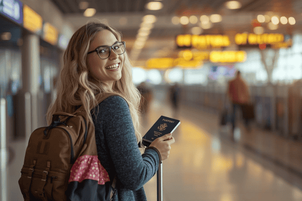 a happy traveler waiting for flight