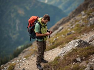 a hiker traveler holding mobile phone