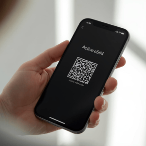 a person holding a mobile phone with eSIM QR activated