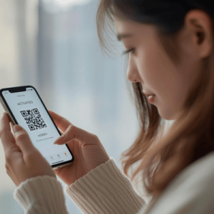 a person holding a mobile phone with eSIM QR activated
