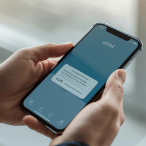 a person holding a mobile phone with eSIM activated