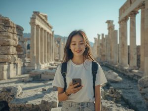 a person holding a smartphone while traveling to Greece