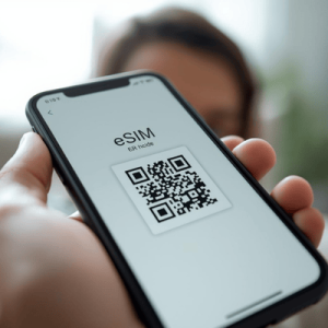 a person holding a smartphone with eSIM QR code