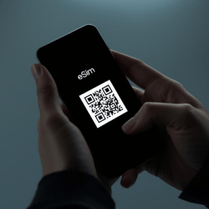 a person holding a smartphone with eSIM QR code