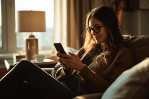 a person using a smartphone at home before going to flight