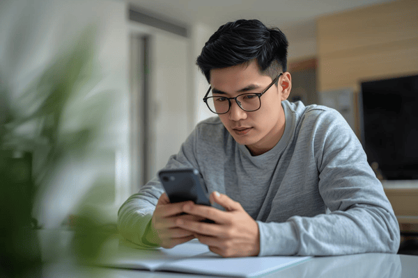 a person using a smartphone at home before going to travel