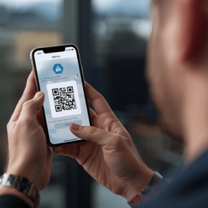 a person using a smartphone with eSIM QR code activated