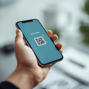 a person using a smartphone with eSIM QR code activated