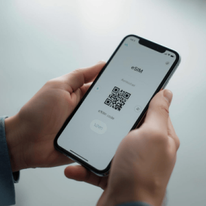 a person using a smartphone with eSIM QR code activated