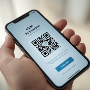 a smartphone with eSIM activated QR code