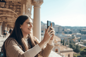 a tourist happily visiting a place holding a mobile phone