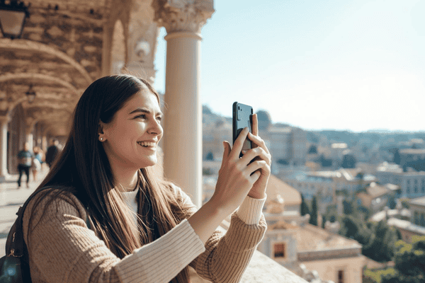 a tourist happily visiting a place holding a mobile phone