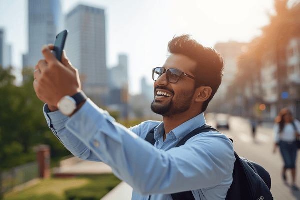 a tourist happy traveling holding a smartphone
