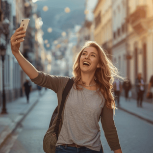 a tourist happy traveling while holding mobile phone