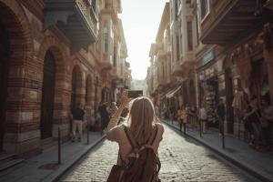 a tourist holding a mobile phone traveling Turkey