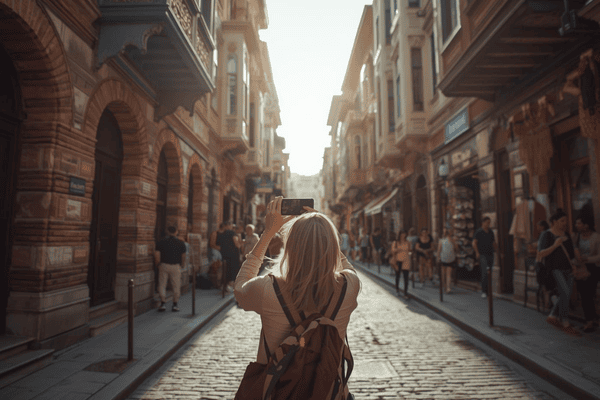a tourist holding a mobile phone traveling Turkey