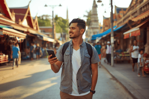 a tourist in Thailand strolling holding a smartphone