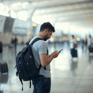 a tourist in airport using smartphone