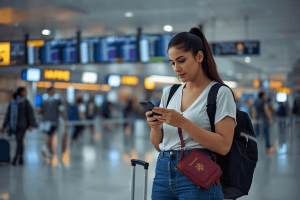 a tourist in airport using smartphone