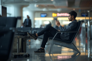 a tourist on a airport waiting on lounge holding a mobile phone