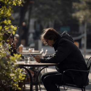a tourist on a cafe or park using mobile phone