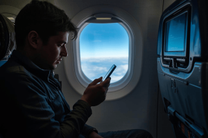 a tourist riding an airplane using a smartphone