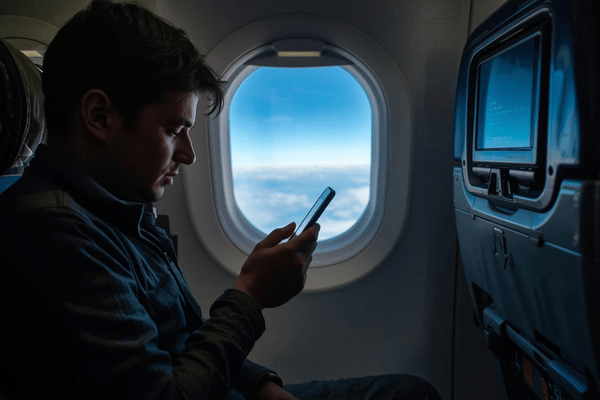 a tourist riding an airplane using a smartphone