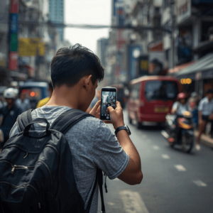 a tourist roaming around Bangkok using smartphone
