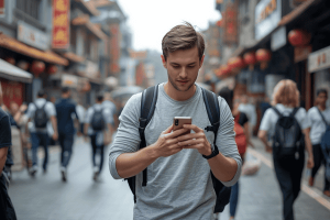 a tourist roaming around China using smartphone