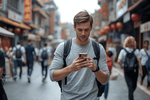a tourist roaming around China using smartphone