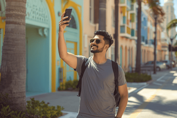 a tourist roaming around Miami using smartphone