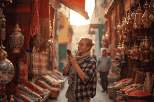 a tourist roaming around Morocco using smartphone