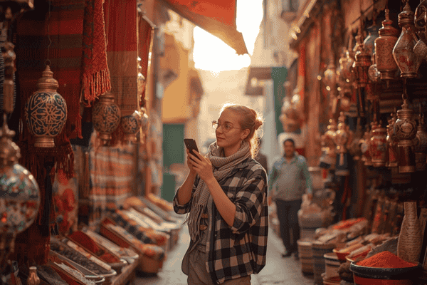a tourist roaming around Morocco using smartphone