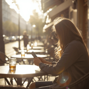 a tourist sitting on cafe while holding a smartphone