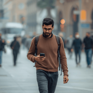 a tourist strolling the city holding a mobile phone
