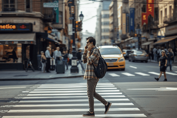 a tourist strolling the city while making a call on smartphone