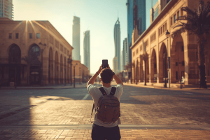 a tourist traveling in Abu Dhabi using a smartphone
