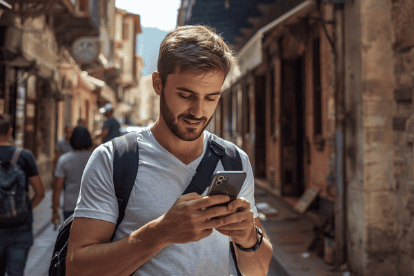 a tourist traveling in Albania, using a smartphone