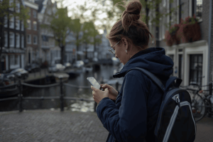 a tourist traveling in Amsterdam, using a smartphone