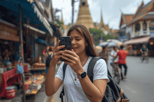 a tourist traveling in Bangkok using a smartphone