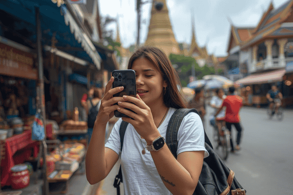 a tourist traveling in Bangkok using a smartphone