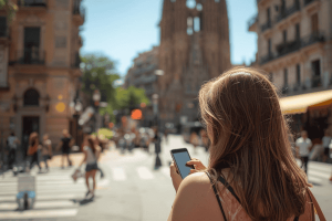 a tourist traveling in Barcelona using a smartphone