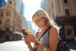 a tourist traveling in Brisbane using a mobile phone
