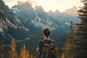 a tourist traveling in Canada using a mobile phone