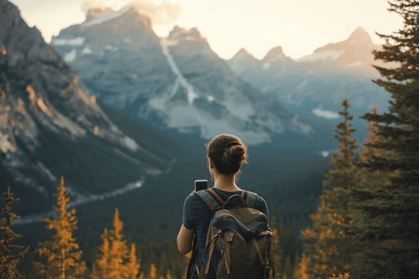 a tourist traveling in Canada using a mobile phone