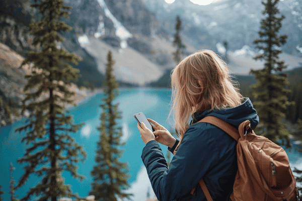 a tourist traveling in Canada using a smartphone