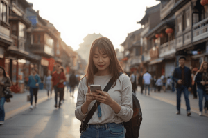 a tourist traveling in China using a mobile phone